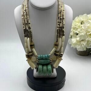 Chicos Mina Triple Strand‎ Large Blue Beaded Gold Coiled Necklace Tribal Style
